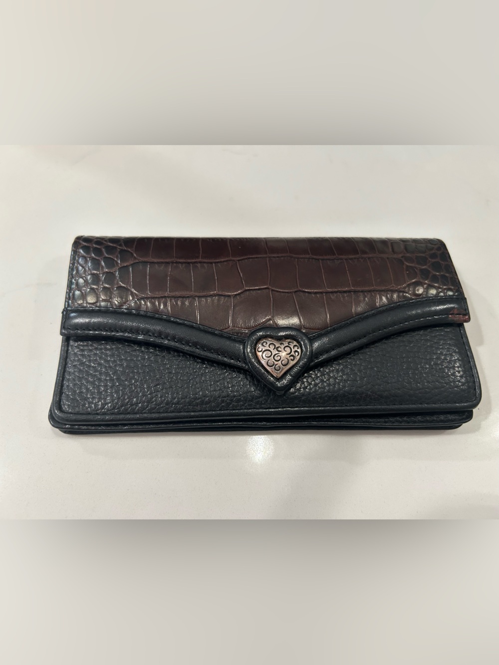 Brighton Black and Brown Croc-Embossed Heart Clasp Leather Wallet
